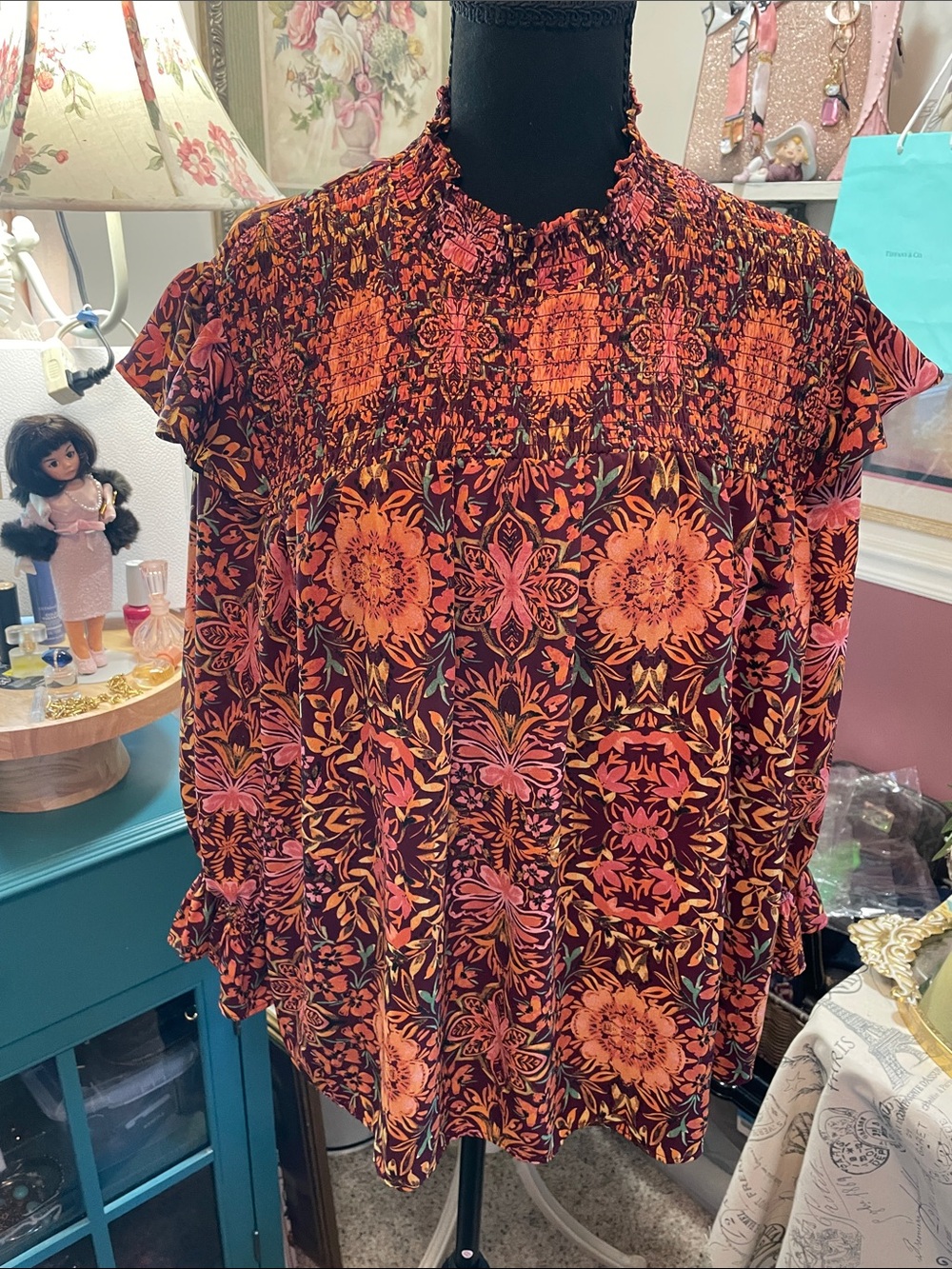 Smocked Floral Blouse in Coral and Burgundy